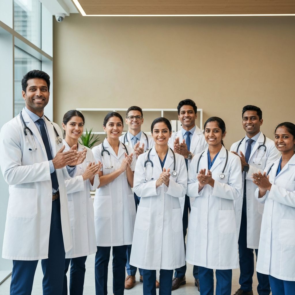 Equipo médico profesional celebrando el éxito y los resultados obtenidos con Mondo Clinic